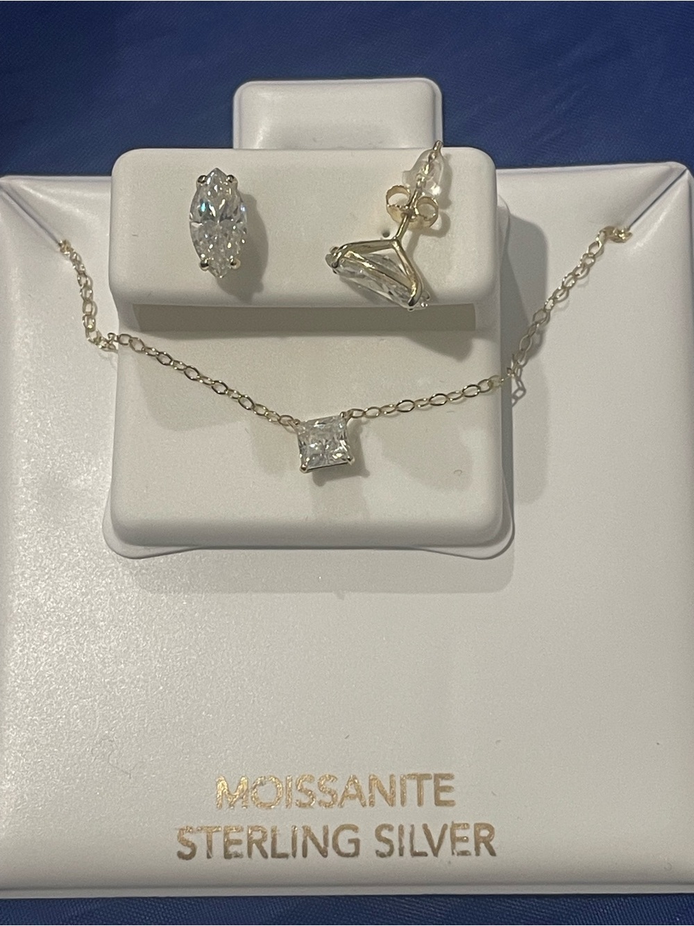 Moissanite Sterling Silver Square-Cut Pendant Necklace and Stud Earrings - White